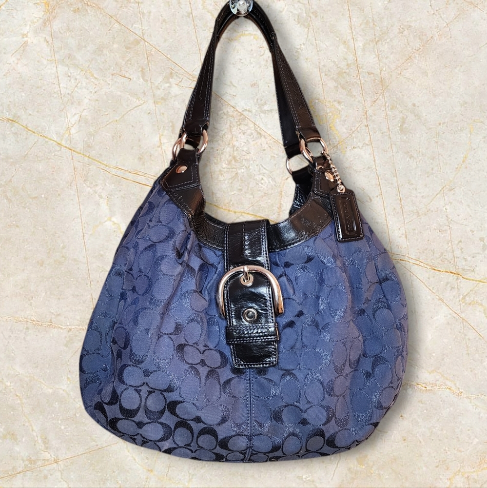 COACH 16045 Jacquard Soho Lynn Monogram Shoulder Bag | Navy Blue Shimmer / Black